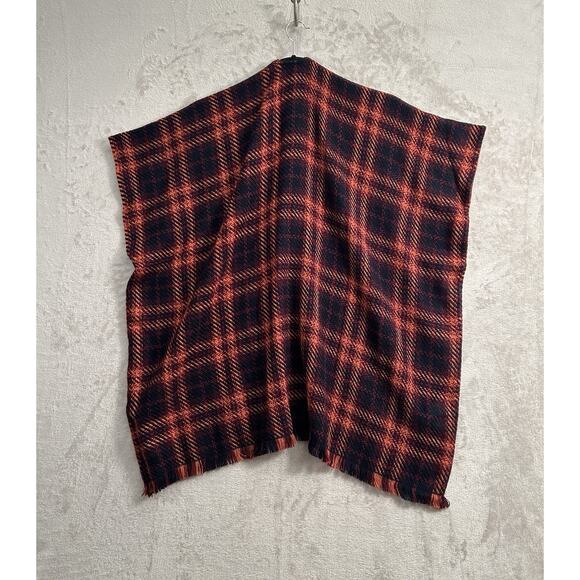 Loft Poncho Wrap Sweater Medium / Large Burgundy Blue Orange Plaid NWOT Bohemian - Picture 2 of 9
